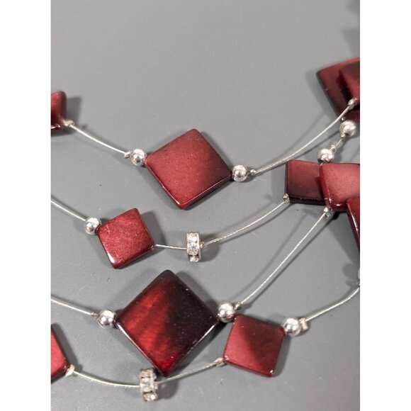 Beachy Boho Wine Red Square Shell Station Multi Wire Bead Necklace Bib 22" - Picture 3 of 7